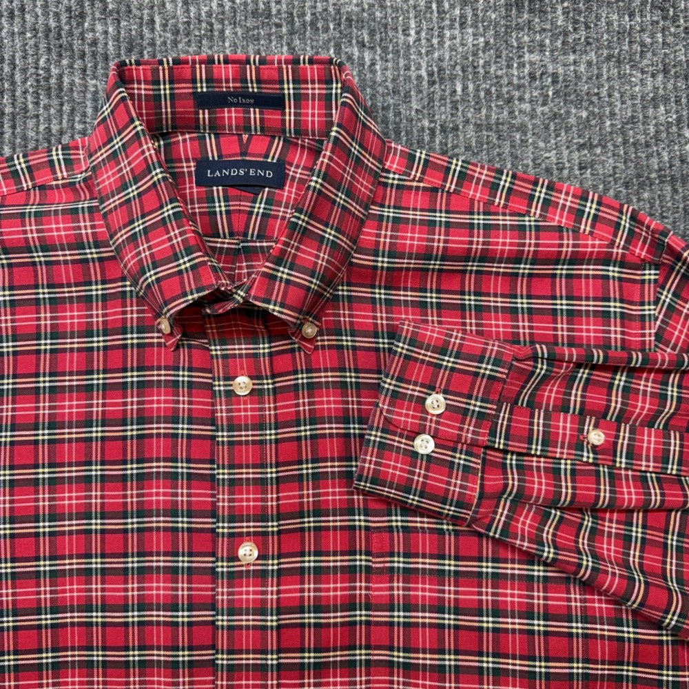 Lands End No Iron Shirt Mens L 16-16.5 Red Plaid Cotton Button Down